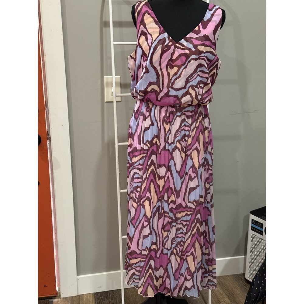 Sam Edelman Sleeveless Plisse' Dress Rose Multi V-Neck Sz 10 70's Retro Boho